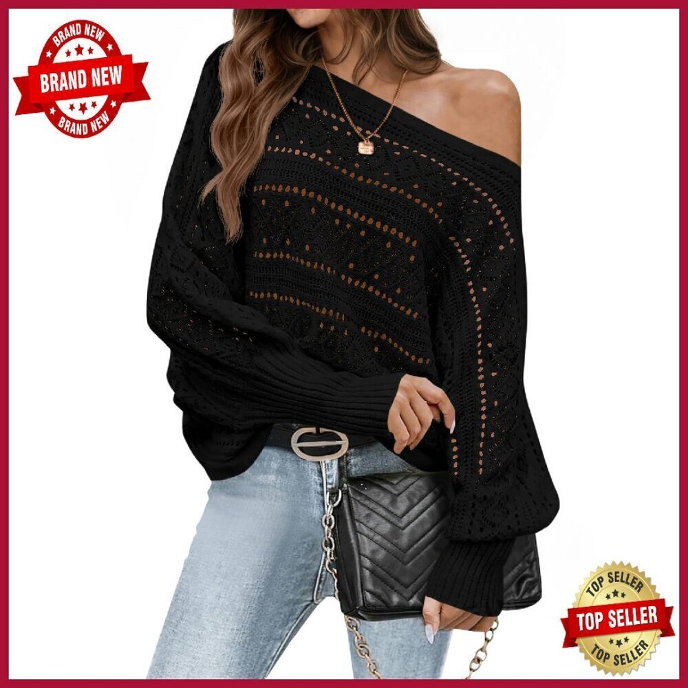 Oversized Off Shoulder Crochet Sweater Batwing Sleeve Pullover Knit Top